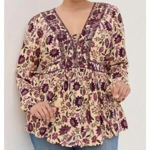 Torrid Womens Top Babydoll Crepe Boho Feminine Whimsy Lace Up Floral 1X